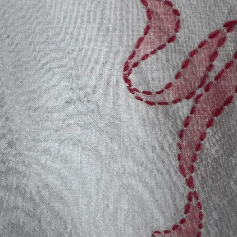 Vintage Embroidered Pinafore Apron Floral Bow White Pink Pockets OS